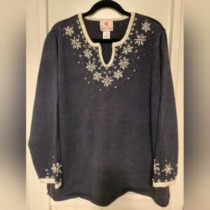 Quacker Factory Women's Blue Sweater White Snowflake Embroidery Beads Pearls 2X